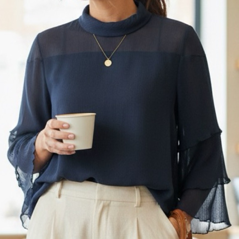 Ann Taylor Navy Sheer-Panel Tie-Sleeve Blouse